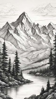 a black and white drawing of mountains with trees in the foreground, and a river running between them