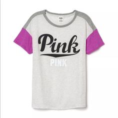 Victoria's Secret Pink Boyfriend Crewneck Tee Shirt Marl Silver/Orchid Size: X-Small Pink Slogan T-shirt For Loungewear, Pink Graphic Print T-shirt For Loungewear, Sporty Logo Print Tops For Loungewear, Sporty Letter Print Tops For Loungewear, Pink Tri-blend T-shirt With Text Print, Pink Tri-blend Text Print T-shirt, Short Sleeve Logo Print Tops For Loungewear, Sporty Letter Print T-shirt For Loungewear, Summer Tri-blend Tops With Logo Print