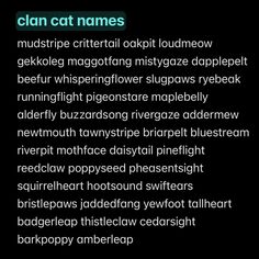 the words clan cat names are written in different font styles and colors on black background