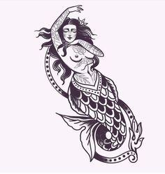 a drawing of a mermaid holding a fish in her hand and wearing a headdress