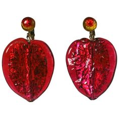 Huge Murano leaf assembled earrings made by Studio VL. Large ruby glass leaf beads with silver foiled interiors from Italy (1950's) are perfectly matched to dichrotic glass cabochons, made in Japan in the 1930's. Very nice effect. Clip back fittings. Earrings are quite heavy ,but, worth it....approx. 1 ounce each. Piece unique. Red Ruby Earrings, Art Deco Drop Earrings, Red Bead Earrings, Yellow Gold Drop Earrings, Leaves Earrings, Gold Leaf Earrings, Ruby Beads, Diamond Dangle Earrings, Ruby Pendant