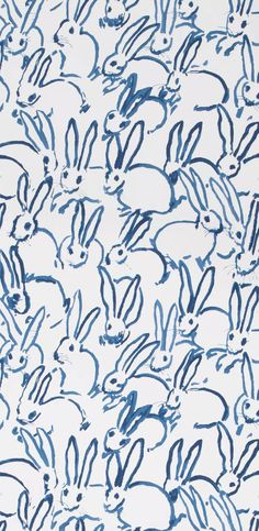 blue ink drawing of many rabbits on white paper with black ink in the shape of an animal's head