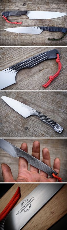 three different types of knifes being held by someone's hand with red handles