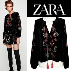 Drop Dead Beautiful Velvet Embroidered Peasant Style Blouse From Zara. Long Full Sleeves That Have A Velvet Covered Button Closure. Tassels Are In An Accent Color To Embroidery. Slightly Longer In Back. The Embroidery Is A Floral Morrocan Motif. The Velvet Is True Black And Soft And Flowy. Definitely A Piece That Can Be Dressed Up With A Long Skirt Or Wear With Blue Jeans And Boots! Poly Approx Flat Lay Measurements: Pit To Pit: 20” Sleeve From Pit: 18.5” Length: Front: 21” Back: 24.5” Size: Xs Festive Fall Blouse With Floral Embroidery, Fall Festive Floral Embroidered Blouse, Bohemian Embroidered Top For Fall Festive Occasion, Bohemian Embroidered Top For Festive Fall, Zara Blouse With Floral Embroidery For Fall, Zara Embroidered V-neck Blouse, Fall Bohemian Black Embroidered Top, Zara Embroidered Blouse For Fall, Zara Embroidered Bohemian Blouse