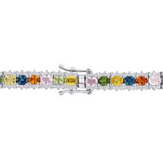 Step into the spotlight with this fantastic statement of gemstone color! Our head-turning bracelet features a vibrant parade of 8.20 ct. t.w. multicolored sapphires in shades of green, yellow, blue, pink and orange. Finely crafted in polished 18kt white gold, the rainbow-bright gems are bordered by 2.20 ct. t.w. diamond rounds for a glamorous finishing touch. Double-latch safety. Box clasp, diamond and multicolored sapphire bracelet. Multicolor Multi-stone Diamond Bracelet, Multicolor Multi-stone Round Diamond Bracelet, Multicolor Gemstone Diamond Bracelet, Fine Jewelry Multicolor Gemstone Diamond Bracelet, Multicolor Multi-stone Round Tennis Bracelet, Multicolor Gemstone Tennis Bracelet, Sapphire Tennis Bracelet, Tennis Design, Safety Box