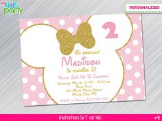 a pink and gold minnie mouse birthday party with polka dots on the bottom, it's time to celebrate