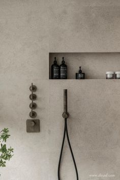 a bathroom with a shower head, shelf and soap dispenser on the wall