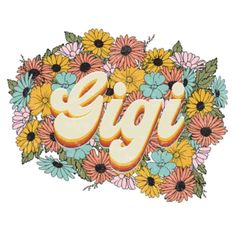 the word egi surrounded by flowers and daisies on a white background is shown