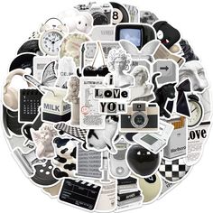 a circle made up of various stickers with words and pictures on them, all in different shapes and sizes