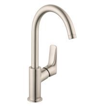 the kitchen faucet is shown in stainless steel