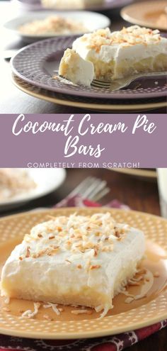 coconut cream pie bars on plates with text overlay