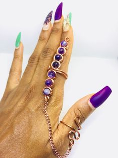 Amethyst Chakra Wand Ring, Amethyst Stone Jewelry, Gemstones, Amethyst Ring, Amethyst Jewelry, Crystal Ring, Meditation '''''''''''''''''''''''''''''''''''''''''''''''''''''''''''''''''''''' All rings adjust Chakra ring not only eye catching style but healing capabilities. Copper works as an energy conductor so it amplifies the energy of the chakra stones. Crystals are like friends and they help to reveal different layers of yourself. So use your ring as a feel good reminder to listen to your bo Purple Hand Wrapped Spiritual Jewelry, Lavender Stone Jewelry Gift, Mystical Purple Jewelry With Natural Stones, Purple Amethyst Bohemian Jewelry, Bohemian Amethyst Purple Jewelry, Purple Spiritual Crystal Ring, Spiritual Purple Crystal Birthstone Ring, Spiritual Purple Wire Wrapped Jewelry, Adjustable Mystical Gemstone Jewelry