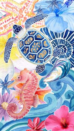 a painting of seahorses, turtle and flowers on a white background with blue waves