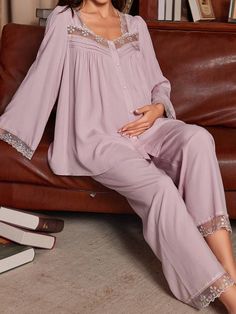 Dusty Pink Gorgeous-Vintage Collar   Plain Pant Sets Embellished Non-Stretch  Women Sleep & Lounge Pajamas For Pregnant Women, Maternity Sleepwear Nightgowns, Maternity Loungewear 2-piece, Casual Maternity Nursing-friendly Sleepwear, Maternity Nightwear, Maternity Sleepwear, Vintage Manga, Maternity Pajamas, Plain Pants