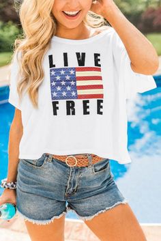 •This stylish live free patriotic tee is the perfect way to spice up your Fourth of July weekend celebrations •We love the bold lettering and design of this fashion tee - it's sure to shine •And the trendy cropped style is perfect for summer •The material is lightweight and soft - it's so comfortable to wear •You can easily layer this look with a lightweight cardigan for breezy nights Size Chart (CM) Sizes Bust Sleeve_Length Length Hem_Width Relax Relax Front Relax S 105 10.5 57 107 M 110 11 59 Patriotic Tees, Women's Outfits By Occasions, Live Free, Lightweight Cardigan, Cropped Tee, Cropped Style, Crop Tshirt, Crop Tee, Fourth Of July