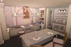 Coquette Bloxburg House Kitchen, Bloxburg Pink Kitchen, Cute Pink Bloxburg House, Blush Bloxburg Kitchen, Balcony Ideas Bloxburg, Cutecore Bloxburg House, Pink Mansion Bloxburg, Coquette Blocksburg House, Bloxburg Coquette Kitchen