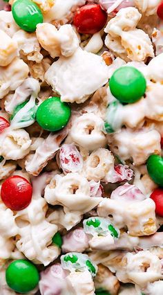 a close up view of candy popcorn mix