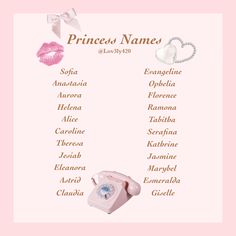 the princess name list is displayed on a pink background with two hearts and a phone