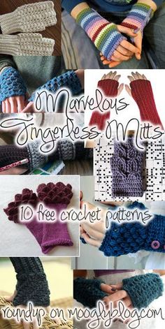 the instructions for crochet mitts are shown in several different styles and colors