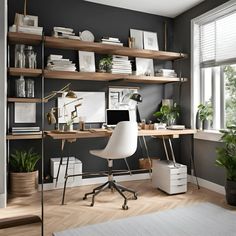 a home office with shelving, desk and chair in front of a large window