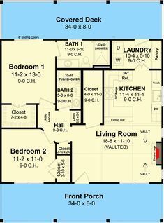 the floor plan for a two bedroom house with an attached bathroom and living room area