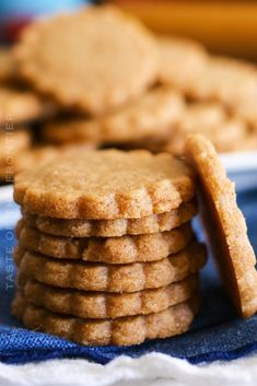 a stack of cookies sitting on top of a blue and white plate