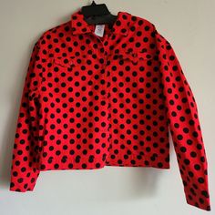 New Disney Jacket Wmns Red Minnie Mouse Polka Dot Denim Sz-S Fully Lined Casual Polka Dot Outerwear For Spring, Disney Jacket, Cotton Jacket, Jean Coat, Jean Jacket, Minnie Mouse, Polka Dot, Polka Dots, Black And Red