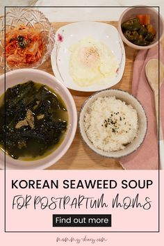 korean seaweed soup with chopsticks, rice and vegetables on a wooden tray