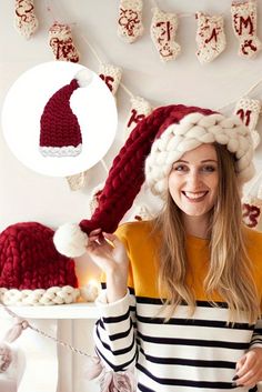 a woman wearing a red and white knitted hat