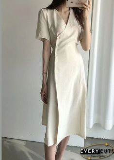 Boutique Beige V Neck fashion Cotton Long Dresses Short Sleeve Dress Couple, Lady Office, Dress Leggings, Midi Dress Chic, Cotton Long Dress, Dinner Outfit, Elegant Party Dresses, Cotton Linen Dresses, Summer Fashion Dresses