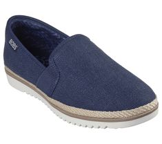 Bring on the vacay vibes in style and comfort with BOBS from Skechers Flexpadrille Lo. This casual espadrille flat features a linen upper with twin gore panels, jute midsole trim, and a cushioned Skechers Memory Foam insole. For every BOBS purchase, a donation is made to animals in need. | Skechers Women's BOBS Flexpadrille Lo Slip-On Shoes | Medium Width | Skechers Memory Foam cushioned comfort insole | Crafted with 100% vegan materials | Linen upper with twin gore panels | Low profile lightweight espadrille midsole with jute trim | Flexible sawtooth traction outsole | Machine washable | BOBS from Skechers Skechers Memory Foam, Vacay Vibes, Wide Shoes, Navy Fashion, Skechers Women, Flat Espadrilles, Skechers Shoes, Personal Marketing, Shopping Hacks