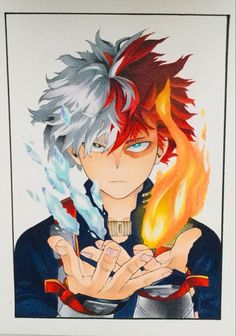 an anime character with red hair and blue eyes holding a burning object in his hand