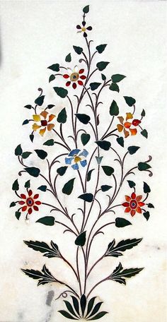 a painting with flowers and leaves on the side of a white wall in front of a window