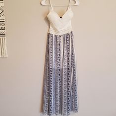 Blue/White Maxi Dress There Was A Tiny Tear That I Had To Hand Sew. White Sleeveless Crochet Lace Maxi Dress, White Crochet Lace Maxi Dress For Beach, White Crochet Lace Maxi Dress For Vacation, White Fitted Maxi Dress With Crochet Trim, White Lace Sundress Maxi Dress, White Crochet Sundress For Spring, White Lace Crochet Sundress, White Crochet Trim Maxi Dress, Spring White Maxi Dress With Crochet Trim