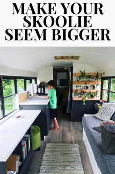 a woman standing in the kitchen area of a tiny home with text overlay that reads tips for getting the most space in your tiny home