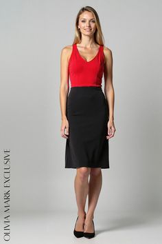 Olivia Mark - Elegant Contrast Midi Dress - Bold Red Top with Sophisticated Black Skirt Elegant Red Lined Pencil Skirt, Elegant Red Pencil Skirt, Chic Red Pencil Skirt For Party, Elegant Red Skirt For Night Out, Elegant Red Knee-length Skirt, Elegant Red Pencil Skirt For Work, Red Fitted Skirt For Evening, Chic Fitted Red Skirt, Red Knee-length Pencil Skirt For Formal Occasions