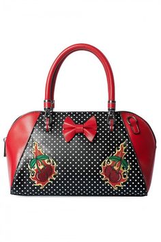 Get carried away with the Cherry Blaze Handbag! This embroidered accessory adds a pop of fruity fun to any outfit. Made with faux leather and a soft textile lining, it's both stylish and practical. Measuring 39 x 19 x 15, it's the perfect size for all your essentials. Embroidered Cherries, Retro Handbags, Ballerina Shoes Flats, Bowling Bags, Brand Bags, Ladies Tops, Iron Fist, Leather Bows, Ballerina Flats