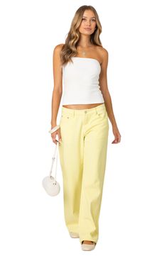 A low waist and flared legs bring plenty of throwback vibes to nonstretch-denim jeans in a vibrant hue. Zip fly with button closure Five-pocket style 100% cotton Machine wash, dry flat Imported Y2k Style Flare Jeans For Spring, Yellow Wide Leg Cotton Jeans, Trendy Yellow Wide Leg Jeans, Casual Yellow Straight Leg Jeans, Summer Flare Jeans With Five Pockets, Y2k Wide Leg Flare Jeans For Spring, Y2k Style Wide Leg Jeans For Spring, Yellow Wide Leg Jeans For Summer, Trendy Flare Pants With Five Pockets