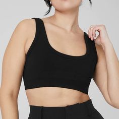 Seamless Chosen Bra - Black | Alo Yoga Everyday Scoop Neck Seamless Crop Top, Everyday Solid Scoop Neck Crop Top, Everyday Solid Color Scoop Neck Crop Top, Seamless Scoop Back Crop Top, Elegant Stretch Seamless Crop Top, Elegant Seamless Stretch Crop Top, Solid Scoop Neck Crop Top, Bra Friendly, Bra-friendly Scoop Neck Crop Top, Seamless Alo Yoga Tops