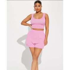 Nwot Pink Co Ord Set Featuring Ribbed Sleeveless Crop Top And Matching High Waist Shorts Material: 76% Polyester | 21% Rayon | 3% Elastane Measurements: " Length Free Shipping For Most Bundles With Multiple Items Low Ball Offers Will Be Declined Sleeveless Crop Top For Loungewear, Trendy Sleeveless Crop Top For Loungewear, Pink Sleeveless Crop Top For Loungewear, Spring Sleeveless Crop Top For Loungewear, Spring Sleeveless Loungewear Crop Top, Summer Loungewear Tank Top Short Length, Summer Loungewear Tank Top In Short Length, Casual Sleeveless Crop Top With Built-in Shorts, Sleeveless Crop Top With Elastic Waistband For Spring