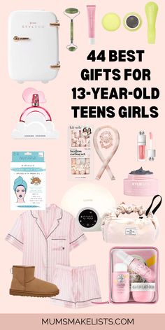 Text overlay: 44 best gifts for 13-year-old teen girls on pale pink background with images of gift wish items for 13yr old girls Christmas Gift For 12 Year Girl, Christmas Gift Ideas For 13 Year Girl, Things To Get A 13 Yo Girl, Christmas Gifts For 12 Year Girl, Christmas Gifts For 13 Girl, Best Gifts For 13 Year Girl, Christmas Lists Teenage Girl, Christmas Gifts For 13 Yo Girl