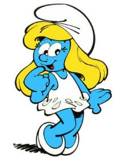 the smurf cartoon character with blonde hair and blue eyes, wearing an apron