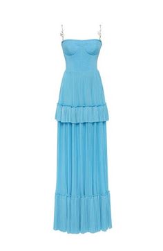 Elevate your presence in a sky-blue pleated maxi mesh dress with a structured bustier bodice and delicate spaghetti straps. The A-line skirt adds elegance, perfect for any special occasion. Material: Combined fabric Fabric composition: 100% Polyester Neckline: Straight Back: Zipper Lining: Sky-blue full-length skirt Skirt length from waist: 45.2 inches Dress weight: 2.24 lbs Model is: 5'11" / 33-24-37, wearing size S Machine wash up to 86ºF gentle cycle Do not bleach Use steamer for ironing up t Milla Dresses, Wide Leg Jeans Cropped, Dress Weights, Fitted Maxi Dress, Preppy Dresses, Full Skirt Dress, Full Length Skirts, Pleated Maxi Skirt, School Dances