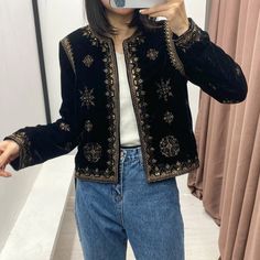 Get cozy and stylish this season with our Women's Velvet Embroidered Jacket! 😍🍂❄️ #FashionGoals #AutumnVibes #WinterFashion #kawaiifashionco Geometric Clothing, Heavy Industry, Velvet Coat, Velvet Shorts, Short Cardigan, Velvet Jacket, Embroidered Jacket, Solid Clothes, Short Jacket