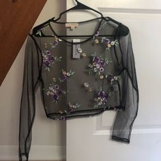 I Love This Top But I Have Never Had The Courage To Wear It! Super Sexy Black Mesh With Floral Embroidery. Size Medium From Pacsun Purple Sheer Tops For Party, Sheer Purple Party Top, Purple Crop Top For Spring Night Out, Spring Purple Party Crop Top, Embroidered Crop Top For Spring Party, Spring Party Embroidered Crop Top, Embroidered Crop Tops, Mesh Shirt, Heart Top