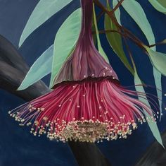 a painting of a pink flower on a tree branch with leaves and flowers around it