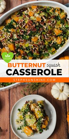 A top-down view of butternut squash casserole in a casserole dish and on a plate, text says, "vegan butternut squash casserole." Vegan Thanksgiving Side Dishes, Vegan Casserole Recipes, Butternut Squash Kale, Butternut Squash Casserole, Frozen Butternut Squash, Vegan Butternut Squash, Squash Casserole Recipes, Cut Butternut Squash, Vegan Casserole