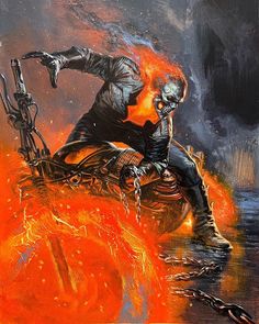 a painting of a man riding on the back of a motorcycle with flames coming out of it