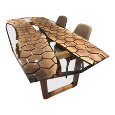 a dining table made out of wood and glass with chairs around it, in the shape of hexagonal tiles