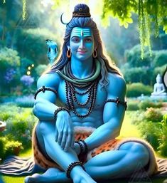 the avatar of lord rama is sitting in front of trees and grass, with his hands clasped